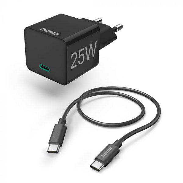 Mini brzi punjac sa USB-C Kablom 25W Crni Hama 201623