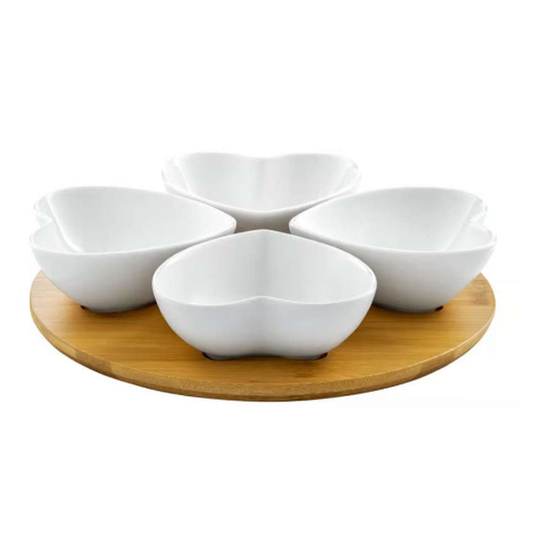 Porcelanski set 4 srce činije sa daskom od bambusa Dajar DJ45578