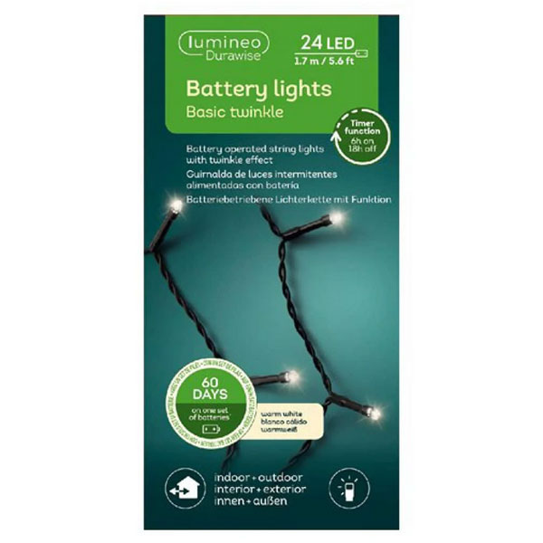 Novogodišnje led lampice na baterije 1,7 m 24 L toplo bela Twinkle Lumineo 497101